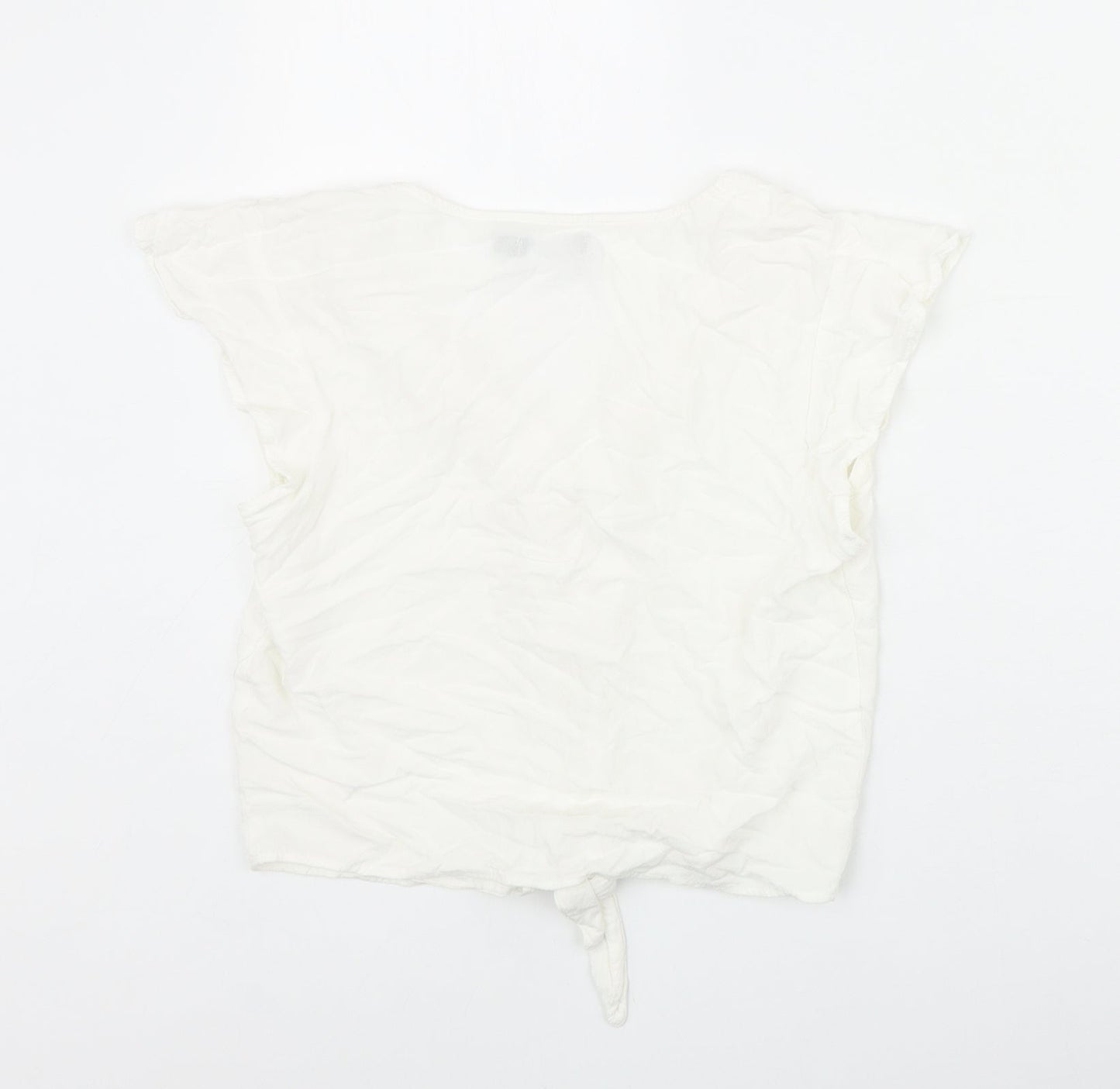 Bershka Womens Ivory Viscose Basic Button-Up Size S V-Neck - Tie Front