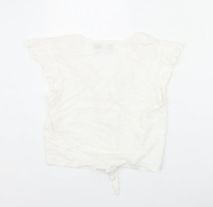 Bershka Womens Ivory Viscose Basic Button-Up Size S V-Neck - Tie Front
