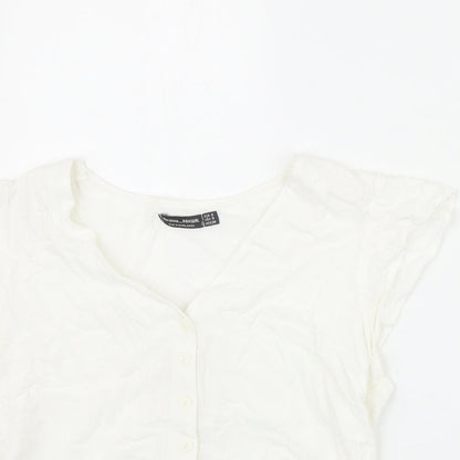 Bershka Womens Ivory Viscose Basic Button-Up Size S V-Neck - Tie Front
