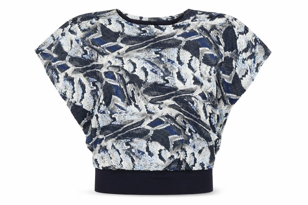 Forever Womens Blue Geometric Polyester Basic Blouse Size M Round Neck