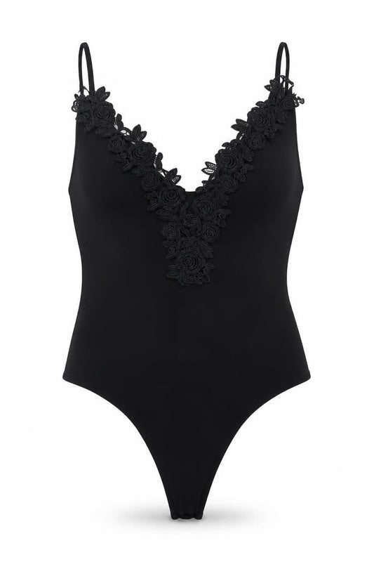Lasula Womens Black Polyester Bodysuit One-Piece Size M Snap - Floral Lace Trim