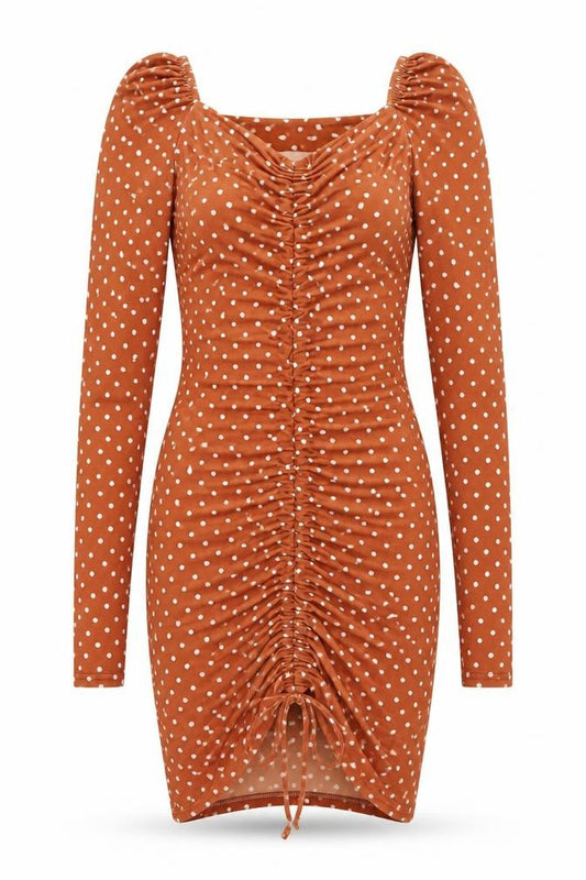 PRETTYLITTLETHING Womens Brown Polka Dot Polyester Bodycon Size 6 V-Neck Pullover