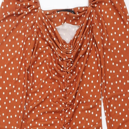 PRETTYLITTLETHING Womens Brown Polka Dot Polyester Bodycon Size 6 V-Neck Pullover