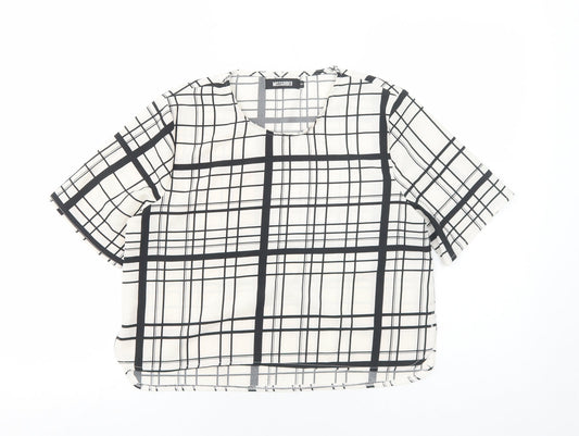 Missguided Womens White Plaid Polyester Basic T-Shirt Size 8 Scoop Neck