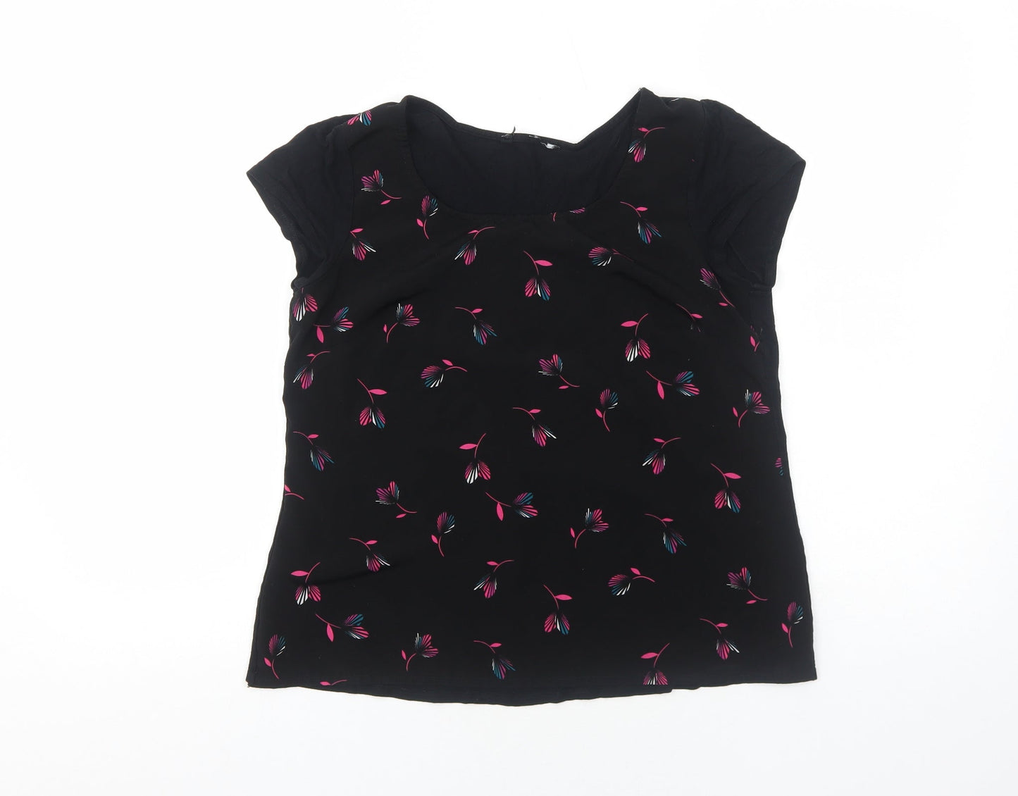 Preworn Womens Black Geometric Polyester Basic T-Shirt Size S Scoop Neck