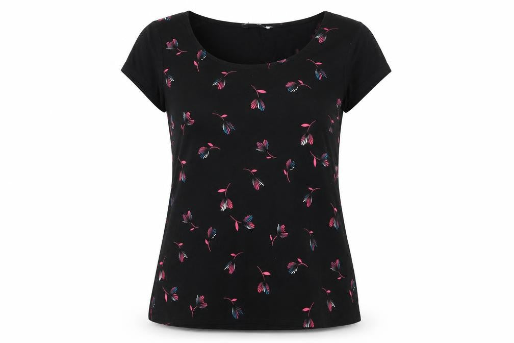 Preworn Womens Black Geometric Polyester Basic T-Shirt Size S Scoop Neck