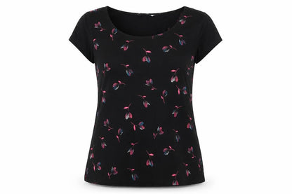 Preworn Womens Black Geometric Polyester Basic T-Shirt Size S Scoop Neck