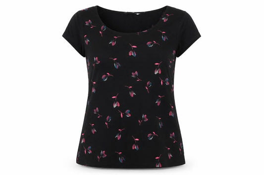 Preworn Womens Black Geometric Polyester Basic T-Shirt Size S Scoop Neck