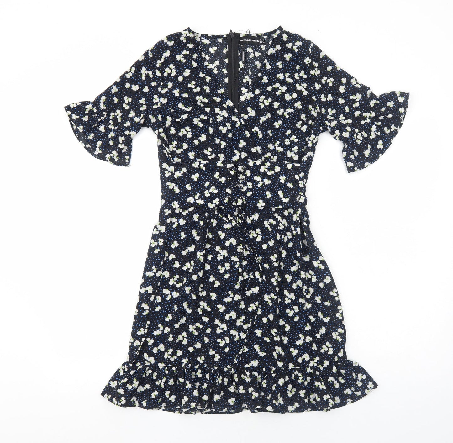 PRETTYLITTLETHING Womens Black Floral Polyester Fit & Flare Size 8 V-Neck Zip