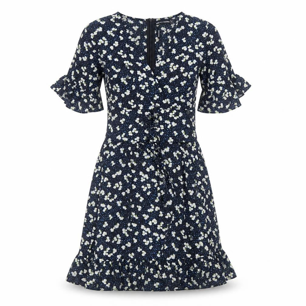 PRETTYLITTLETHING Womens Black Floral Polyester Fit & Flare Size 8 V-Neck Zip