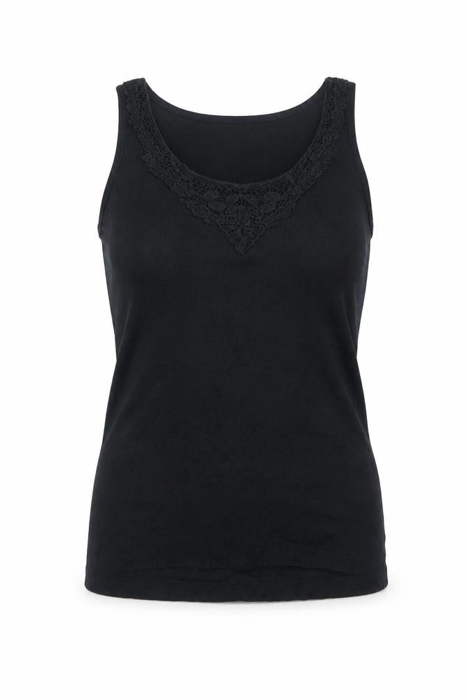 Primark Womens Black Cotton Basic Tank Size 10 Round Neck - Lace Detail