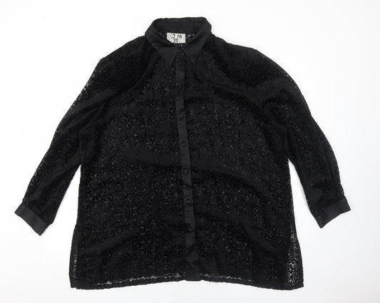 Vision Womens Black Geometric Polyester Basic Button-Up Size XL Collared