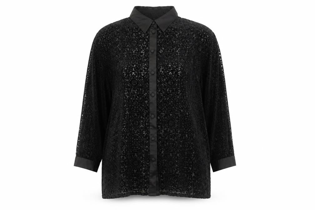 Vision Womens Black Geometric Polyester Basic Button-Up Size XL Collared