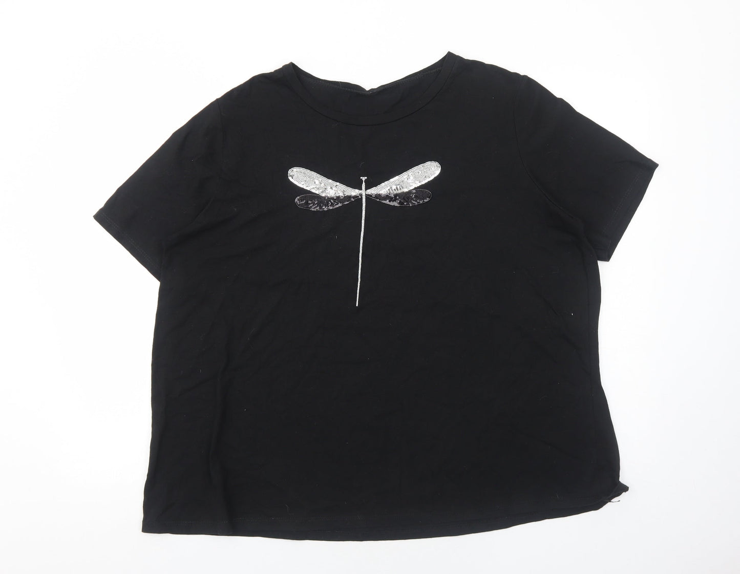 Preworn Womens Black Cotton Basic T-Shirt Size 2XL Round Neck - Dragonfly