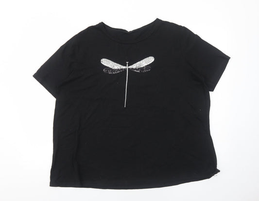 Preworn Womens Black Cotton Basic T-Shirt Size 2XL Round Neck - Dragonfly