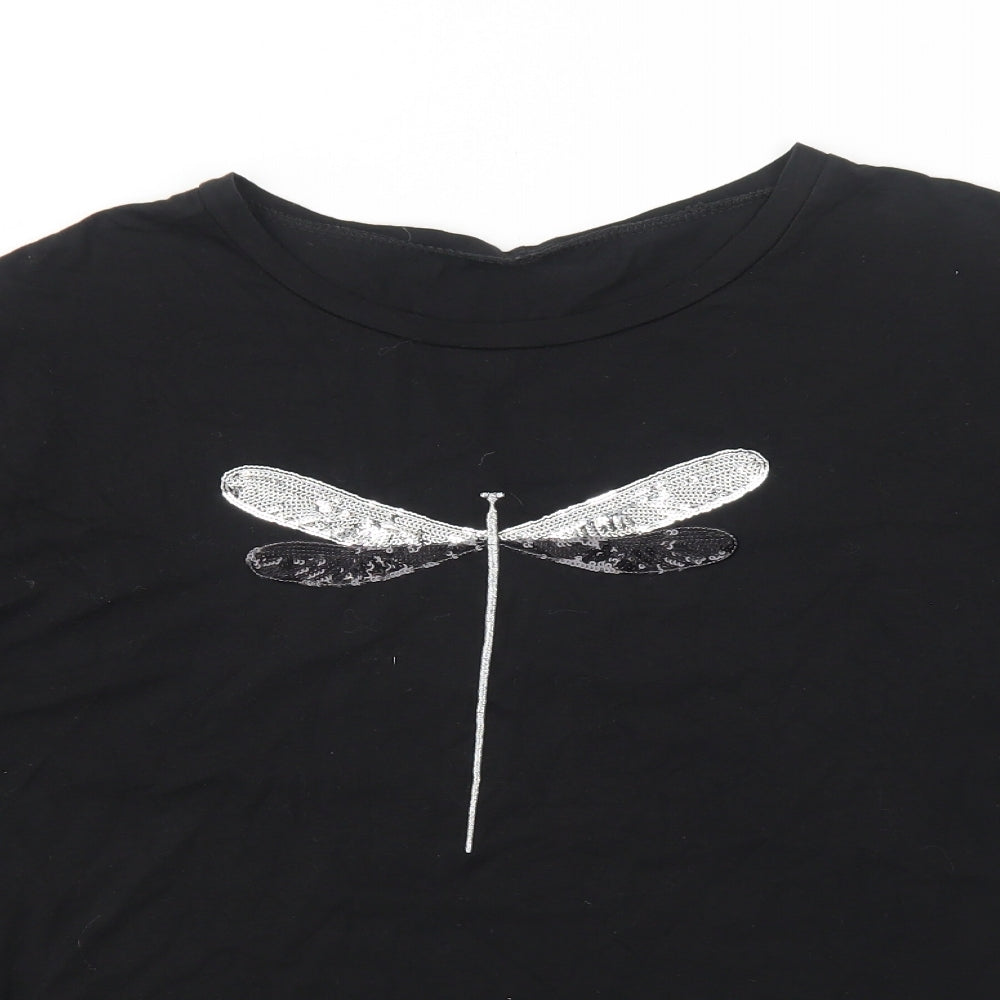 Preworn Womens Black Cotton Basic T-Shirt Size 2XL Round Neck - Dragonfly