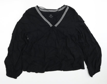 Marks & Spencer Womens Black Linen Basic Blouse Size 8 V-Neck