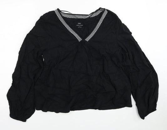 Marks and Spencer Womens Black Linen Basic Blouse Size 8 V-Neck