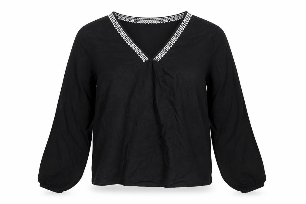 Marks & Spencer Womens Black Linen Basic Blouse Size 8 V-Neck