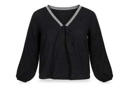 Marks & Spencer Womens Black Linen Basic Blouse Size 8 V-Neck