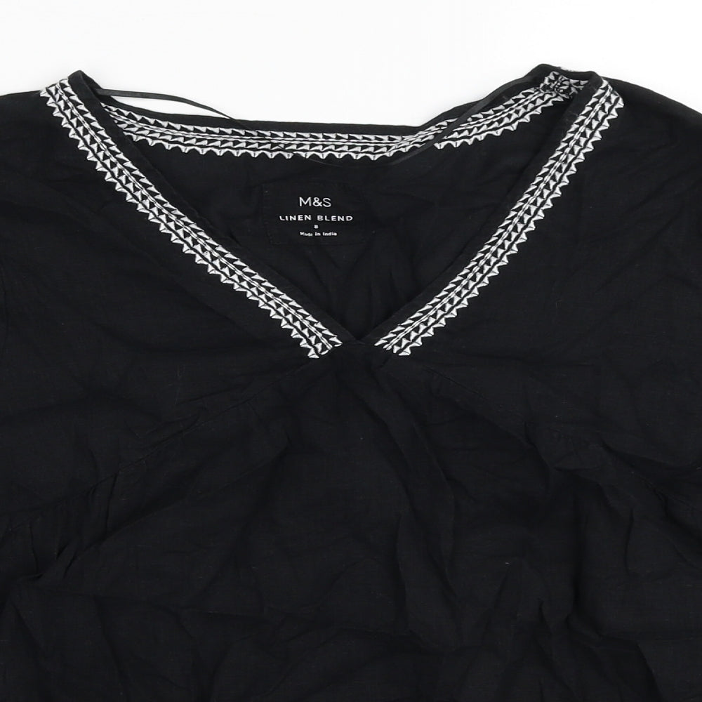 Marks and Spencer Womens Black Linen Basic Blouse Size 8 V-Neck