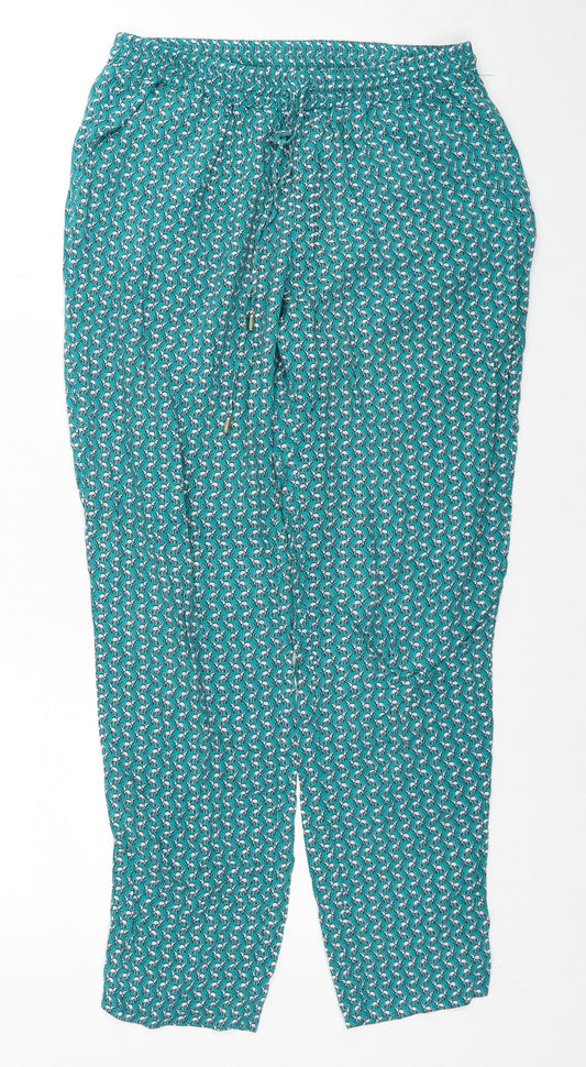 Zendra Womens Green Geometric Viscose Trousers Size 10 Regular Drawstring