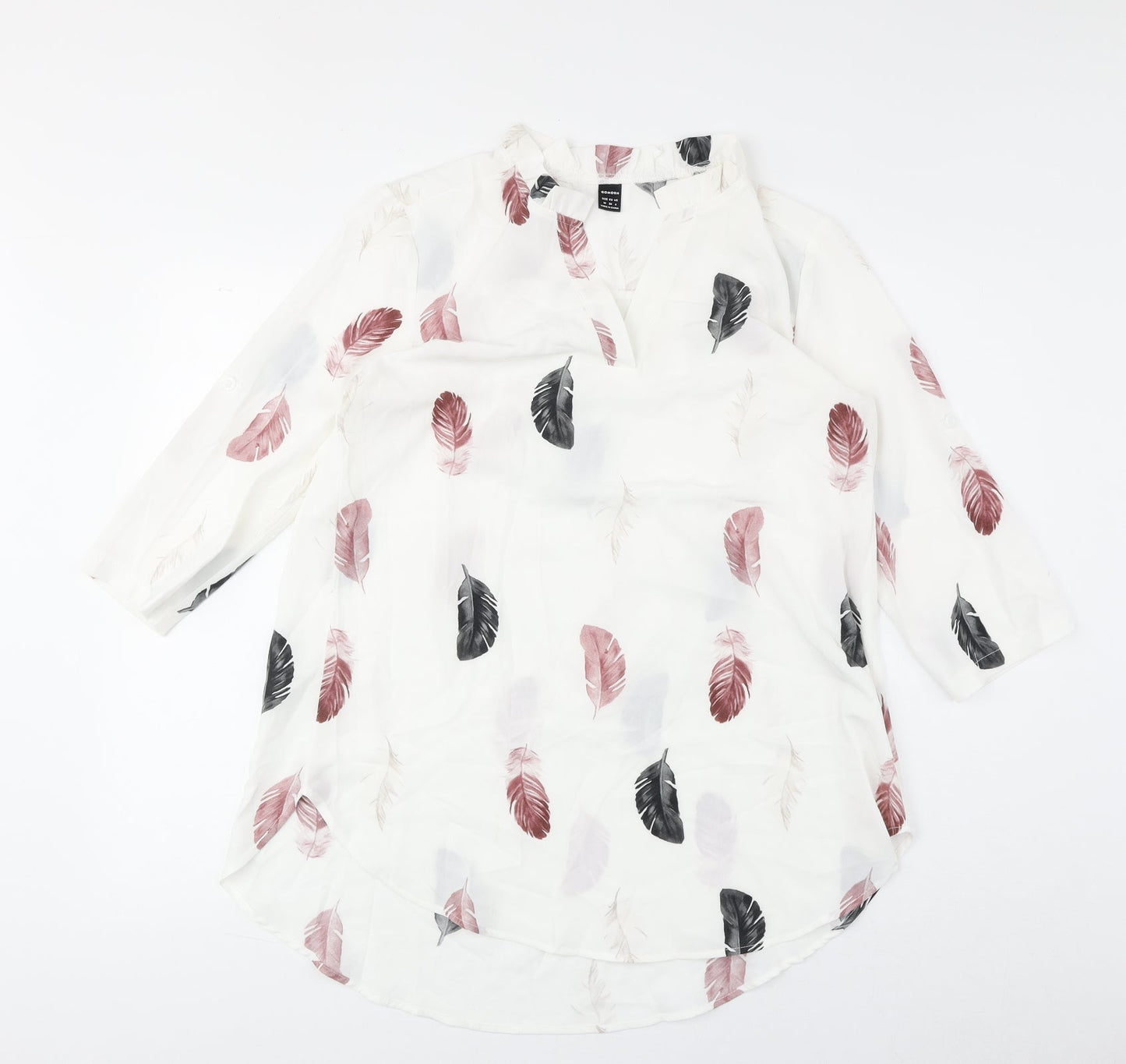 Gomorn Womens White Geometric Polyester Basic Blouse Size M V-Neck - Feather Print