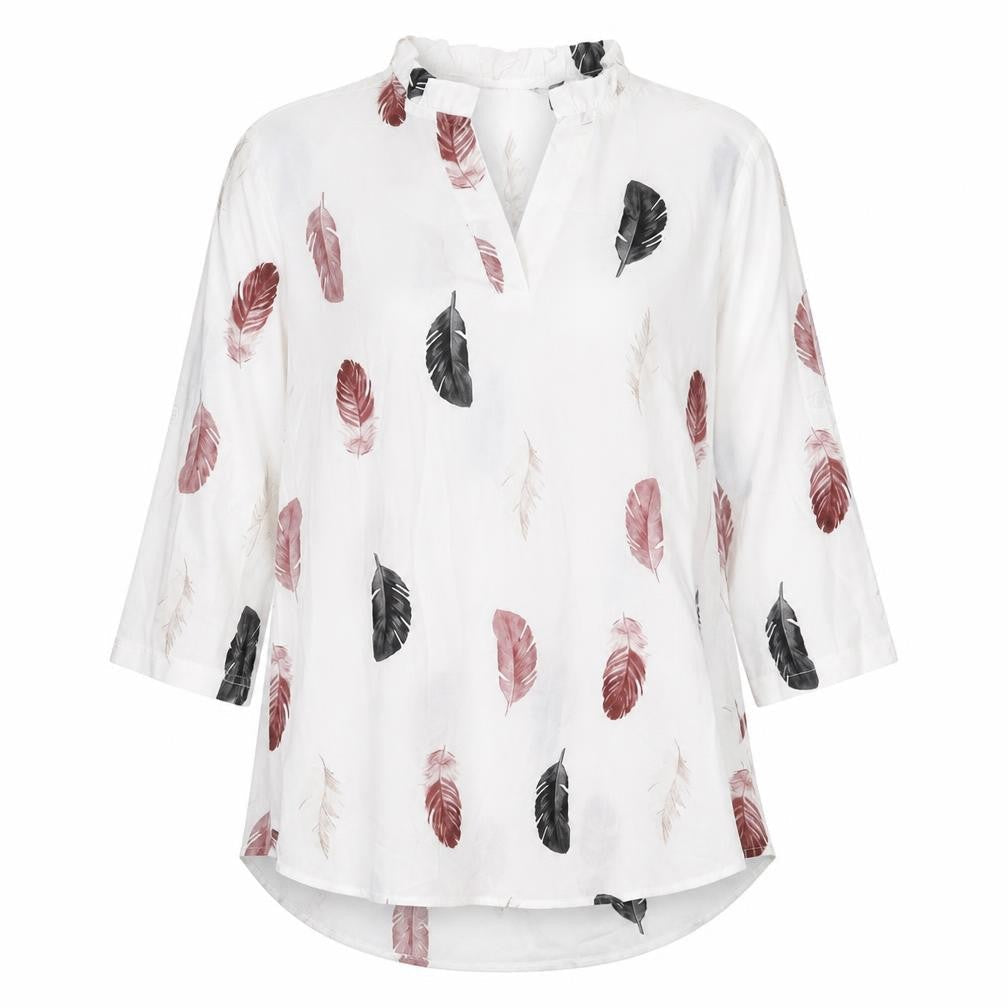 Gomorn Womens White Geometric Polyester Basic Blouse Size M V-Neck - Feather Print