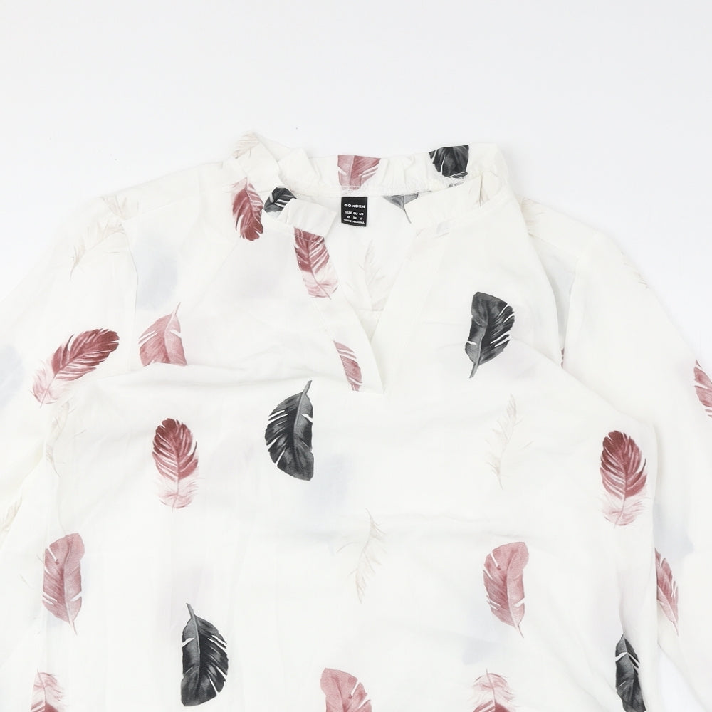Gomorn Womens White Geometric Polyester Basic Blouse Size M V-Neck - Feather Print