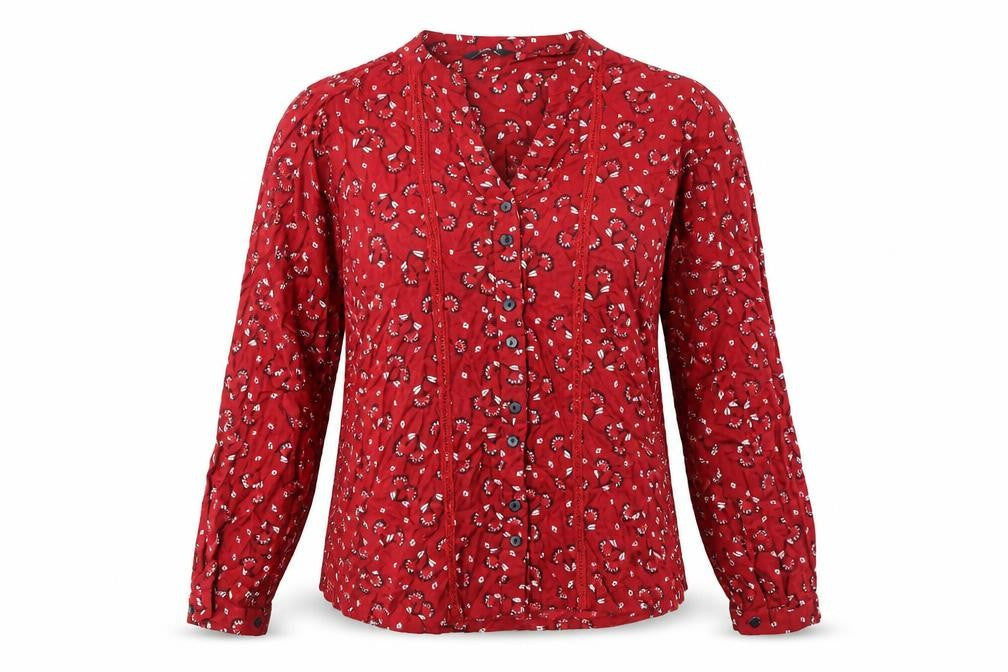 M&Co Womens Red Geometric Polyester Basic Button-Up Size 14 V-Neck
