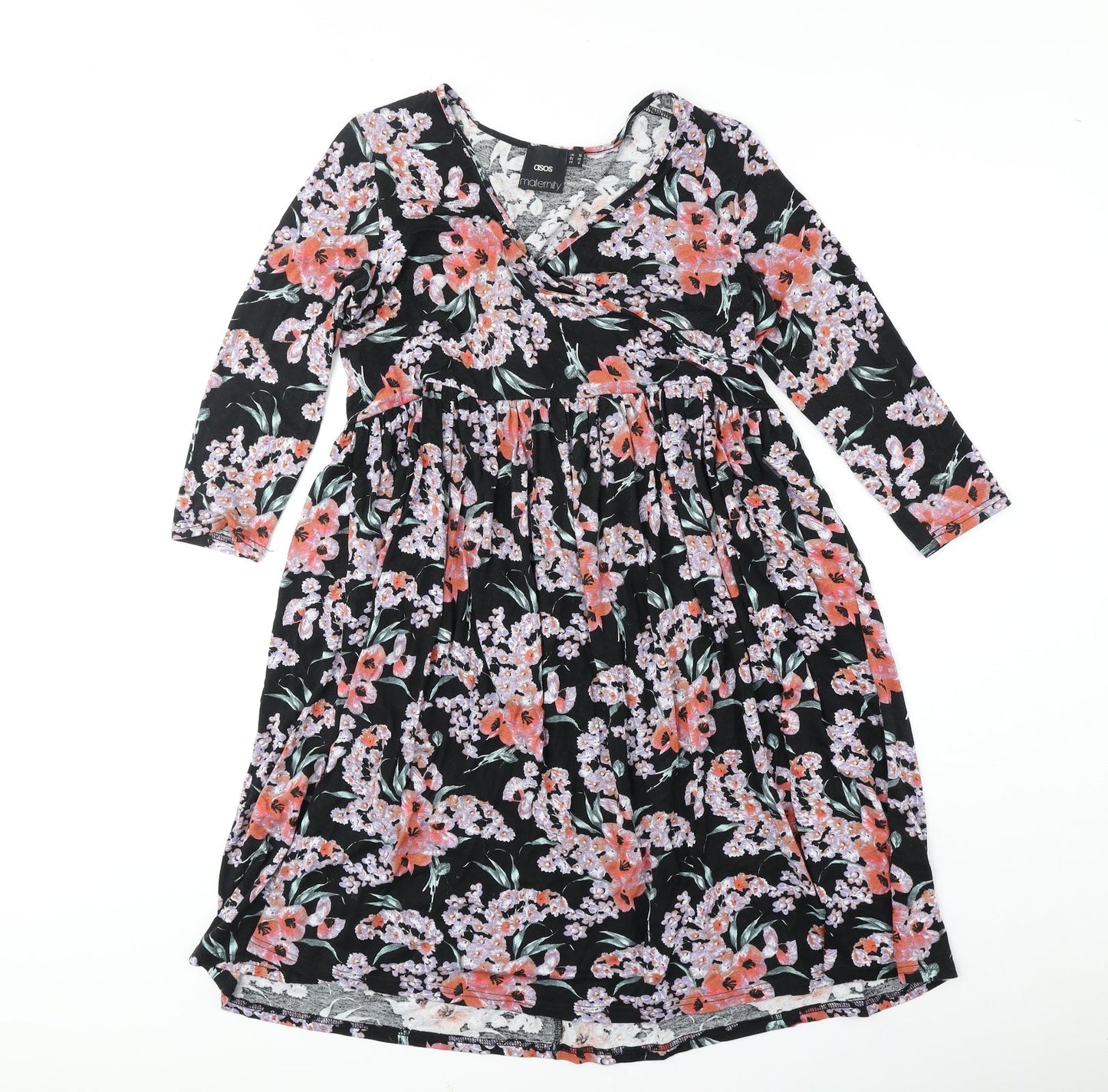 ASOS Womens Black Floral Polyester Trapeze & Swing Size 10 V-Neck Pullover
