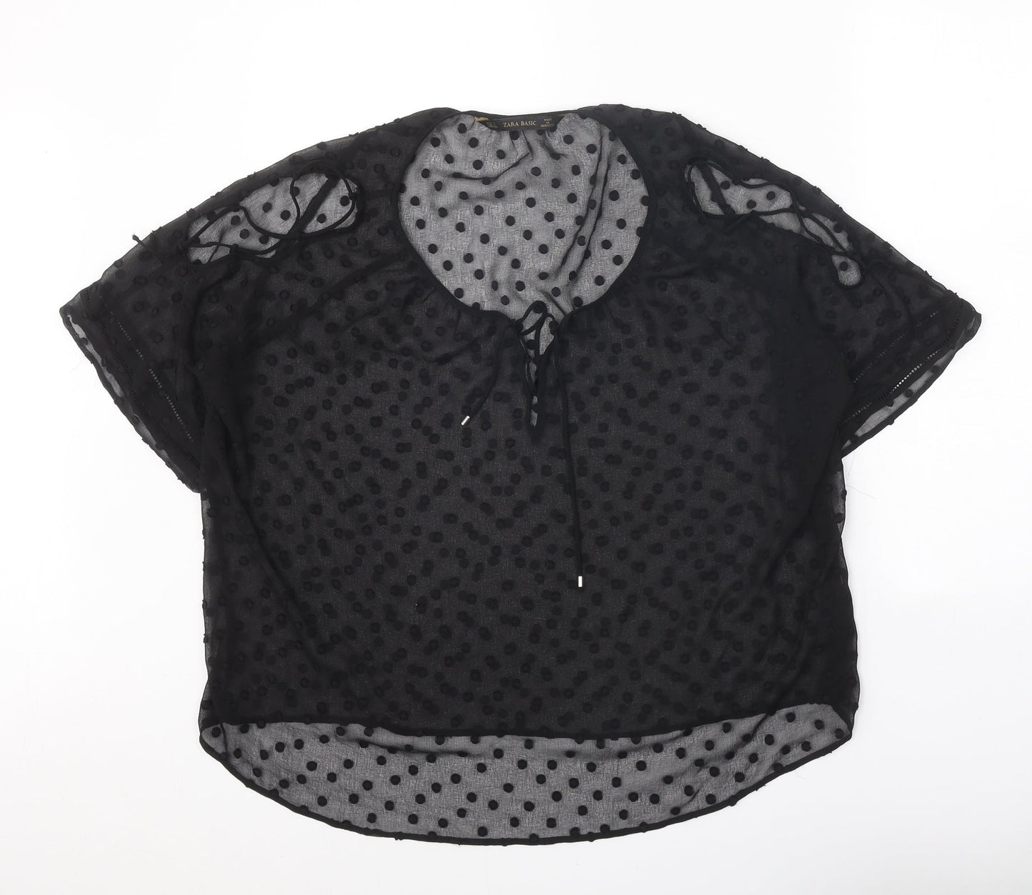Zara Womens Black Polka Dot Polyester Basic Blouse Size L Scoop Neck - Split Sleeve Detail