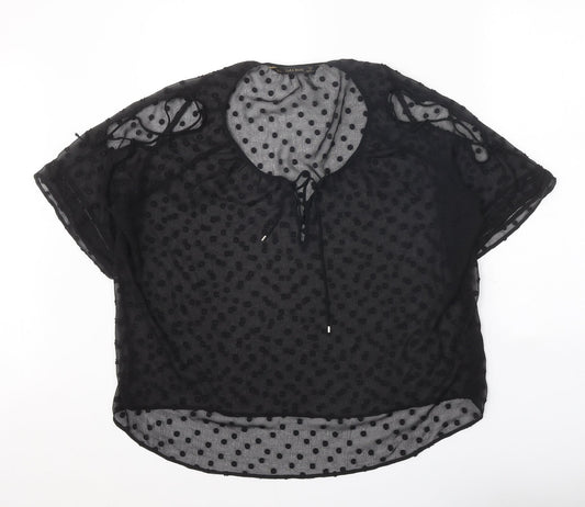 Zara Womens Black Polka Dot Polyester Basic Blouse Size L Scoop Neck - Split Sleeve Detail