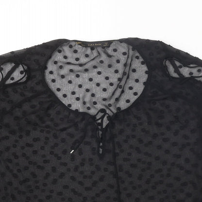 Zara Womens Black Polka Dot Polyester Basic Blouse Size L Scoop Neck - Split Sleeve Detail