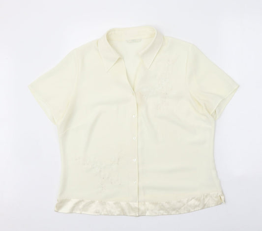 Marks and Spencer Womens Ivory Floral Polyester Basic Button-Up Size 16 Collared - Satin Trim