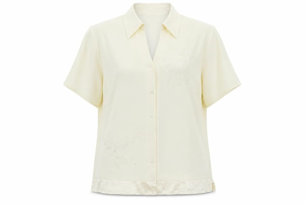 Marks & Spencer Womens Ivory Floral Polyester Basic Button-Up Size 16 Collared - Satin Trim