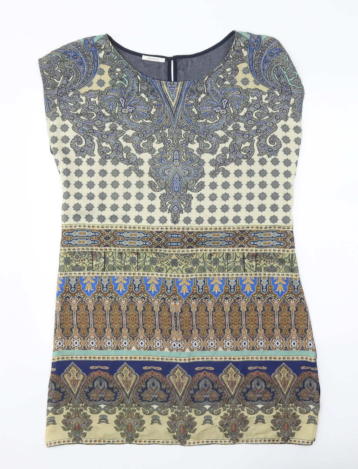 Promod Womens Blue Geometric Polyester Sheath One Size Scoop Neck Button