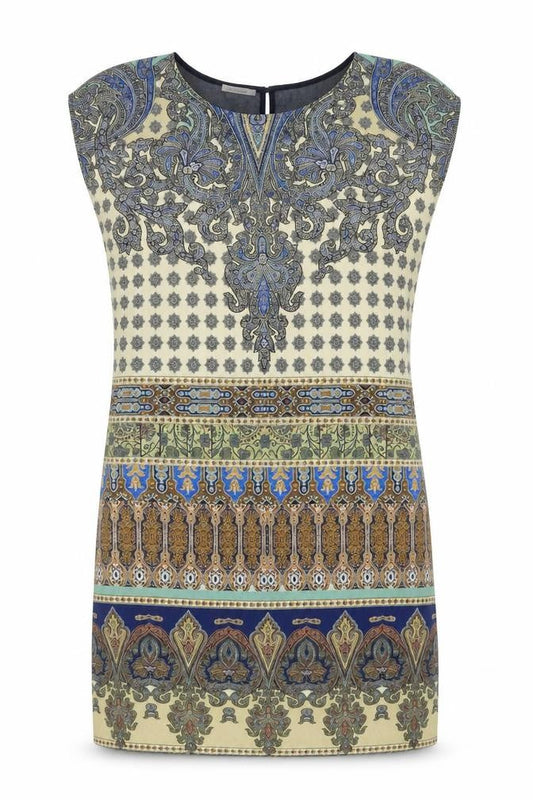 Promod Womens Blue Geometric Polyester Sheath One Size Scoop Neck Button
