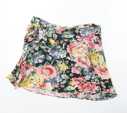 Zara Womens Black Floral Polyester Skater Skirt Size M Zip