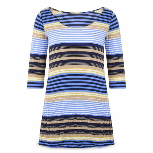 Womens Blue Striped Polyester A-Line One Size Round Neck Pullover