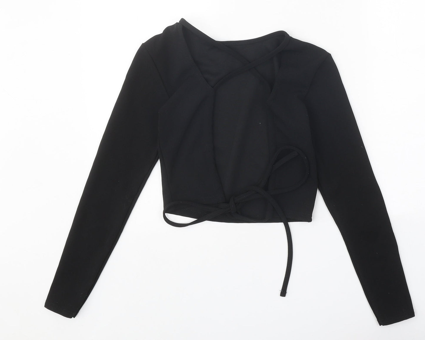 PRETTYLITTLETHING Womens Black Polyester Wrap Blouse Size S Round Neck - Open Back