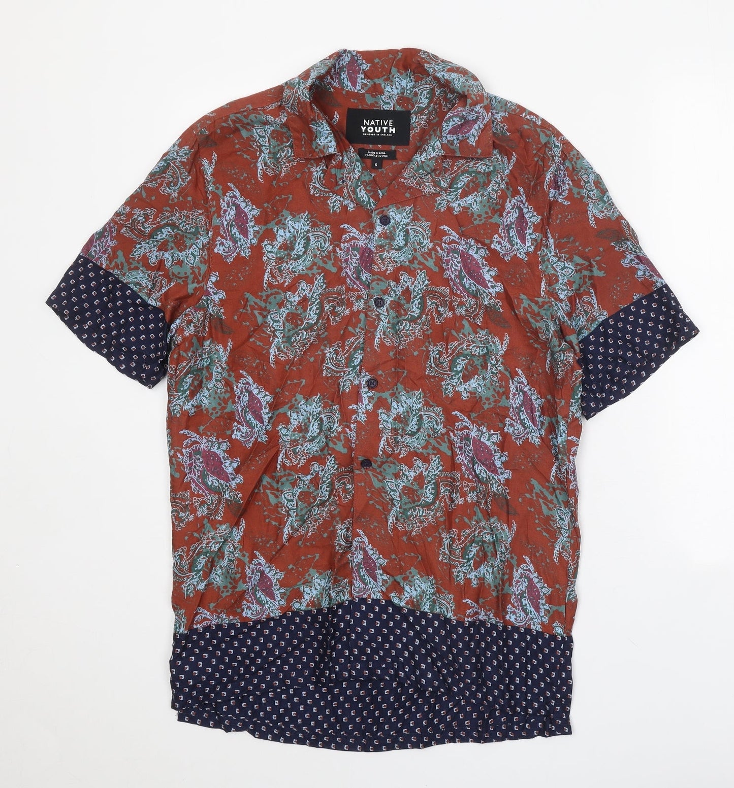 Native Youth Mens Brown Geometric Viscose Button-Up Size S Collared Button