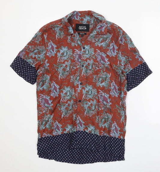Native Youth Mens Brown Geometric Viscose Button-Up Size S Collared Button