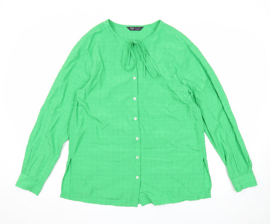 Marks and Spencer Womens Green Geometric Modal Basic Button-Up Size 8 Round Neck