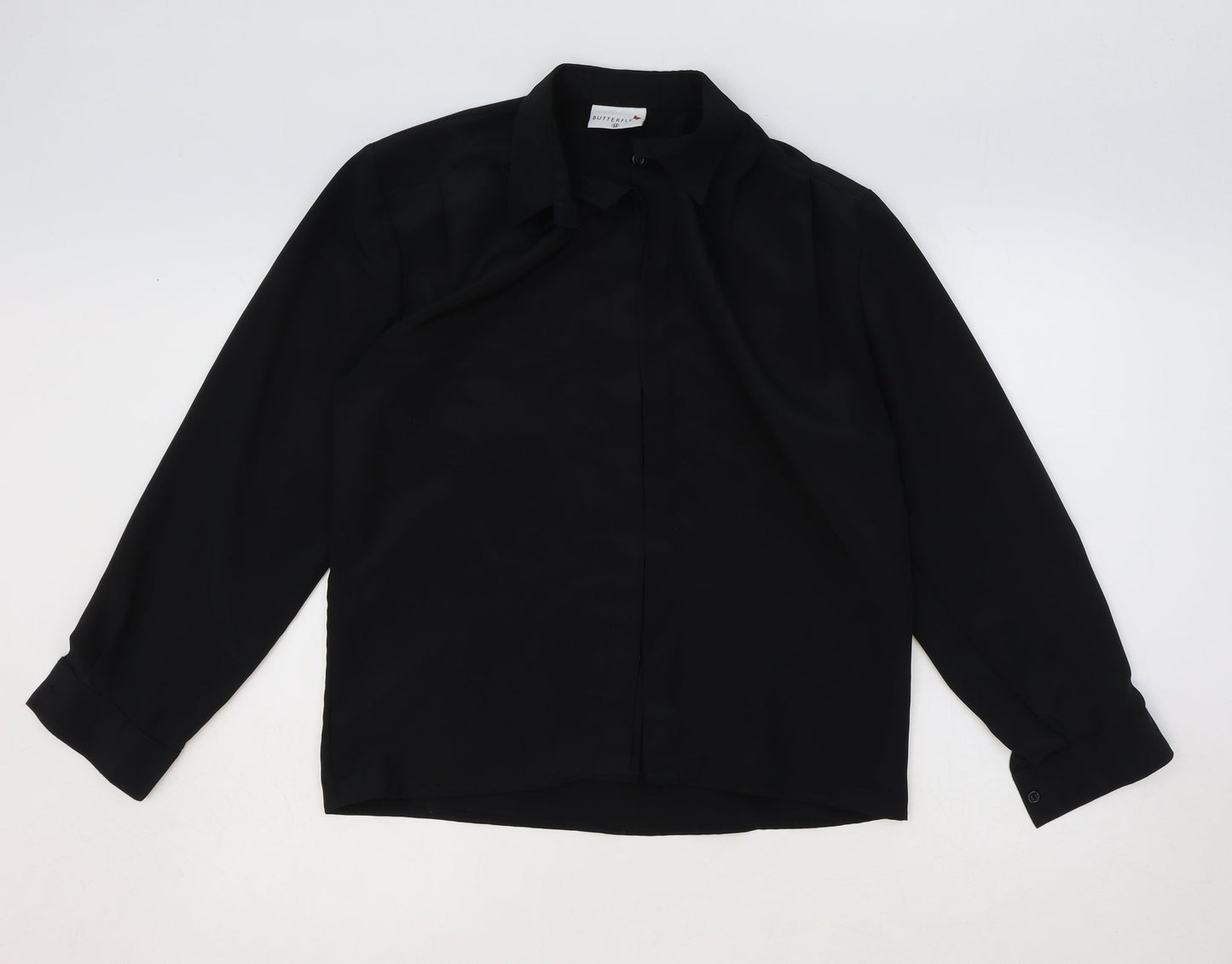 Butterfly Womens Black Polyester Basic Button-Up Size 12 Collared