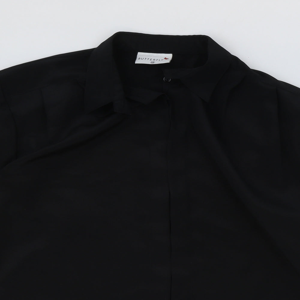 Butterfly Womens Black Polyester Basic Button-Up Size 12 Collared