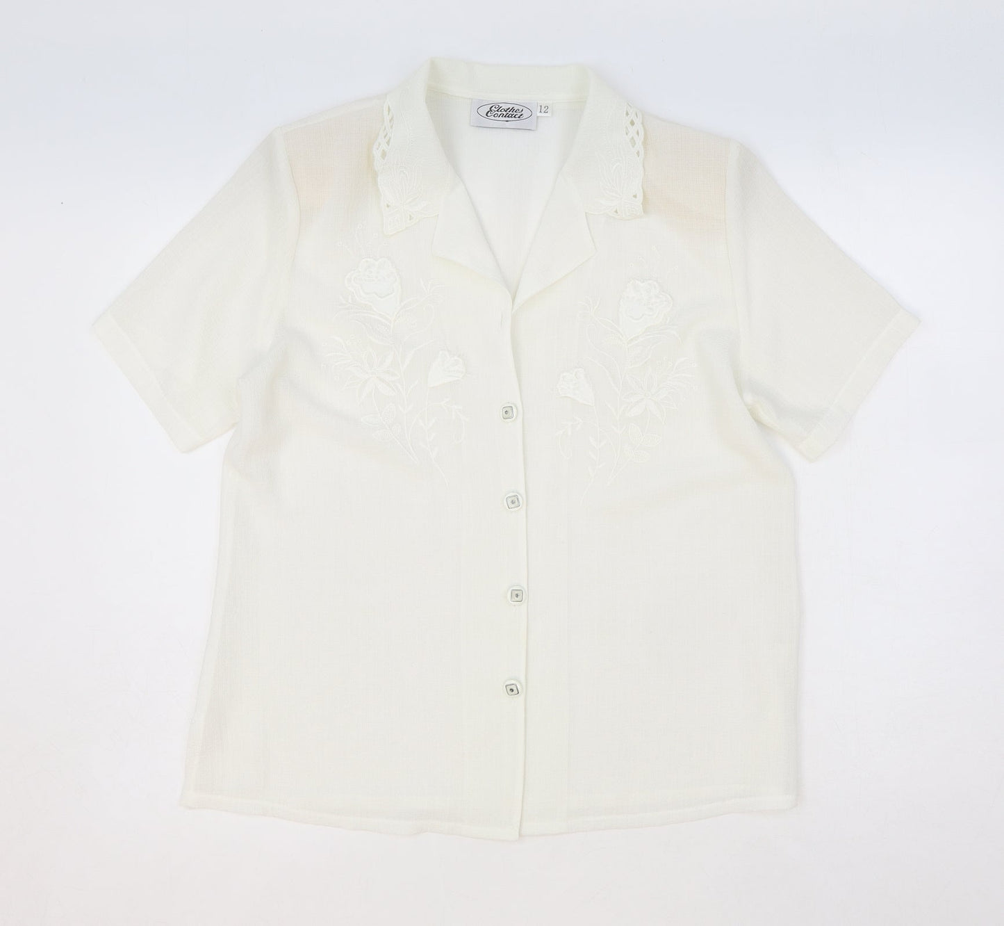 Clothes Contact Womens Ivory Floral Polyester Basic Button-Up Size 12 Collared
