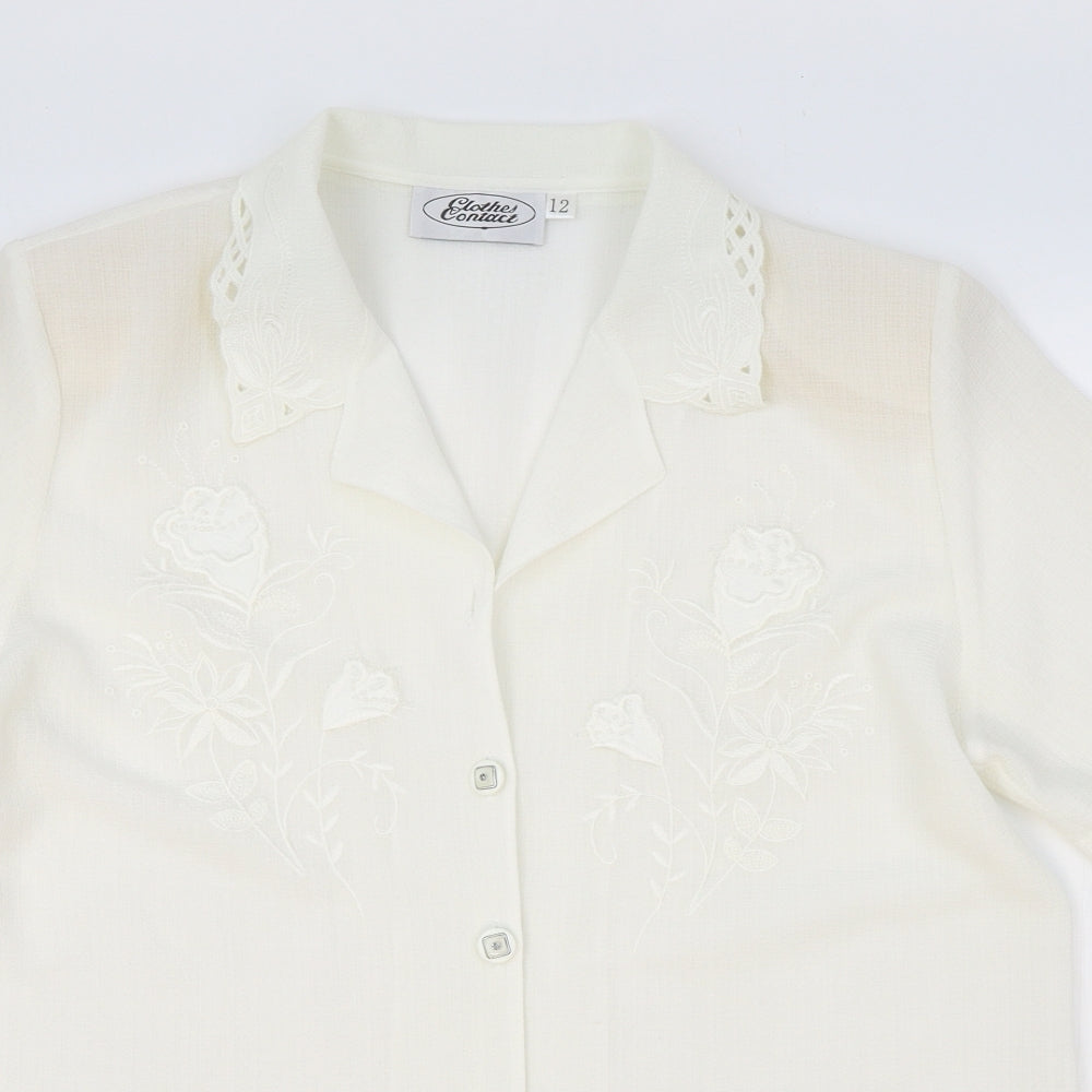 Clothes Contact Womens Ivory Floral Polyester Basic Button-Up Size 12 Collared