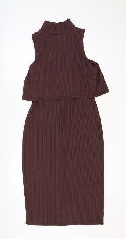 Boohoo Womens Brown Polyester Bodycon Size 14 Mock Neck Pullover