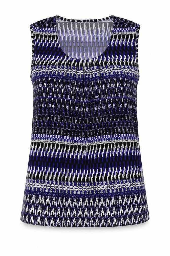 Le Suit Womens Blue Geometric Polyester Basic Tank Size L Round Neck